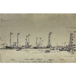 Charles Edward Dixon (British 1872-1934): Shipping studies, pen and ink on card with 'Reynold's Bristolboard' blindstamp signed and titled 32cm x 39cm; 'The Procession entering Portsmouth Harbour', pen and ink on paper signed with monogram, dated Nov 4/01 verso 20cm x 32cm (unframed) (2)