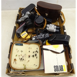  Zenit-E SLR camera, other cameras & lenses, pair Orion 8x40 binoculars in cowhide case, fishing flies and miscellanea in one box  