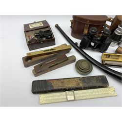 Pair of WW1 Kingsway 8x25 binoculars, John Rabone & Son level, brass weights and other instruments in one box