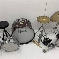 RTV 09/10/20 Aria five-piece drum kit with Hi-hat, crash and ride cymbals, stool, pedals, sticks etc