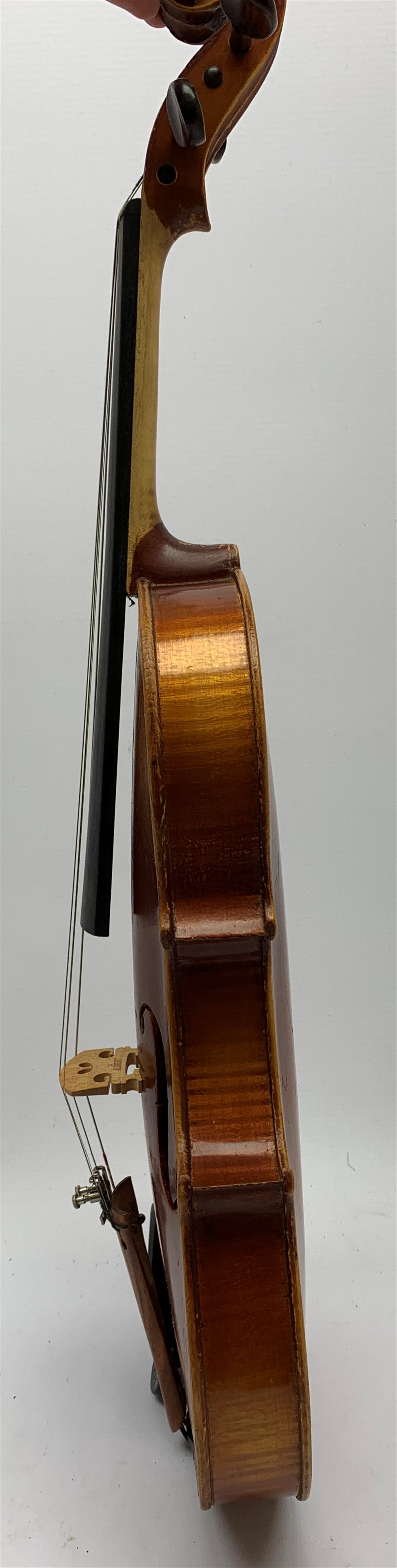  Maidstone School violin c1930 with 36cm two-piece maple back and spruce top, bears label 'The Maidstone School Orchestra Association 463 Oxford Street London Made in Czechoslovakia', L59cm overall, in carrying case  