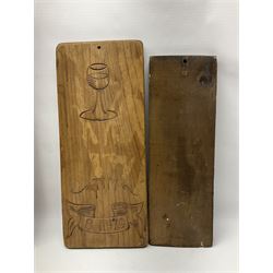 Eight 20th century hardwood Dutch folk art Speculaasplank or biscuit moulds, most examples typically carved with figures in traditional dress, tallest H60cm