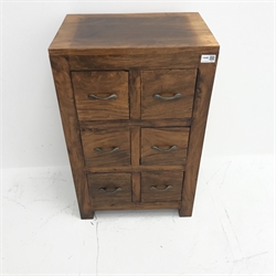 Small hardwood chest, six drawers, solid end supports, W46cm, H72cm, D30cm