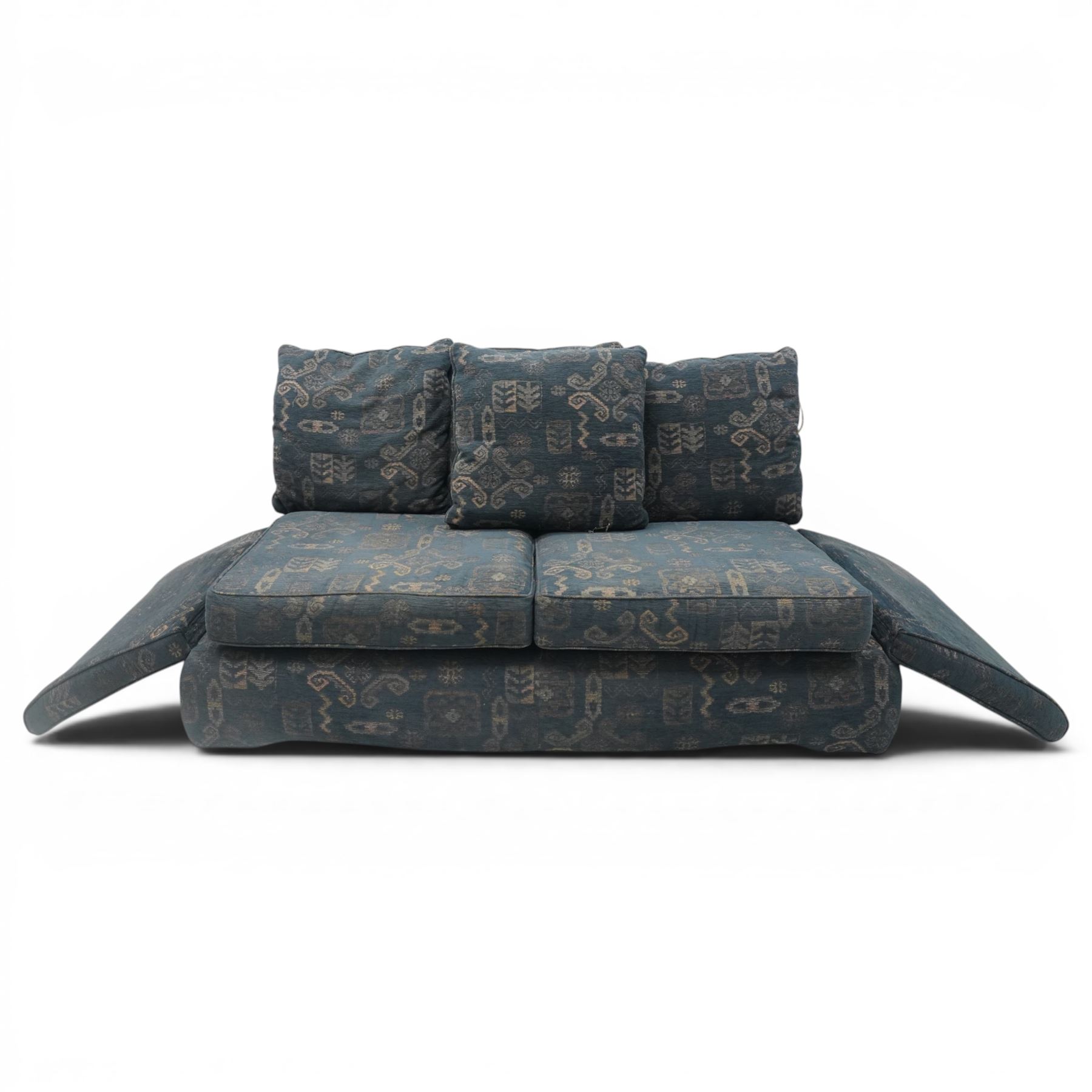 Edwardian design Knole-type drop-end two seat sofa, of traditional shape with hinged drop arms held by ropetwist tassels, upholstered in cobalt blue geometric patterned fabric, with loose seat and scatter cushions; together with matching ottoman footstool (W70cm D55cm H39cm)