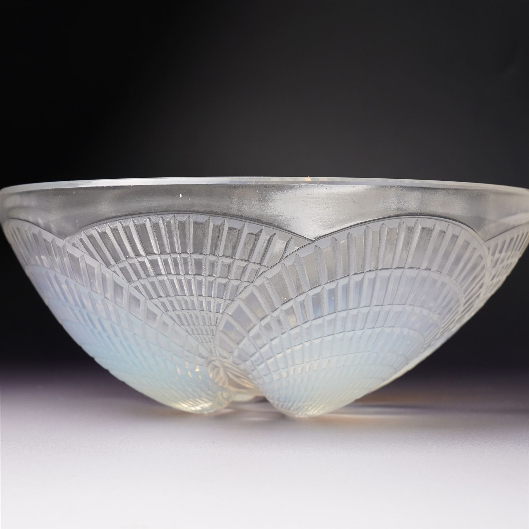 Lalique 'Coquilles' pattern opalescent glass bowl with moulded shells marked R Lalique France D21cm