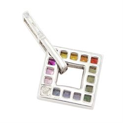 9ct white gold rainbow sapphire and diamond square pendant, channel set with sixteen square cut fancy coloured sapphires, to a round brilliant cut diamond bail, hallmarked