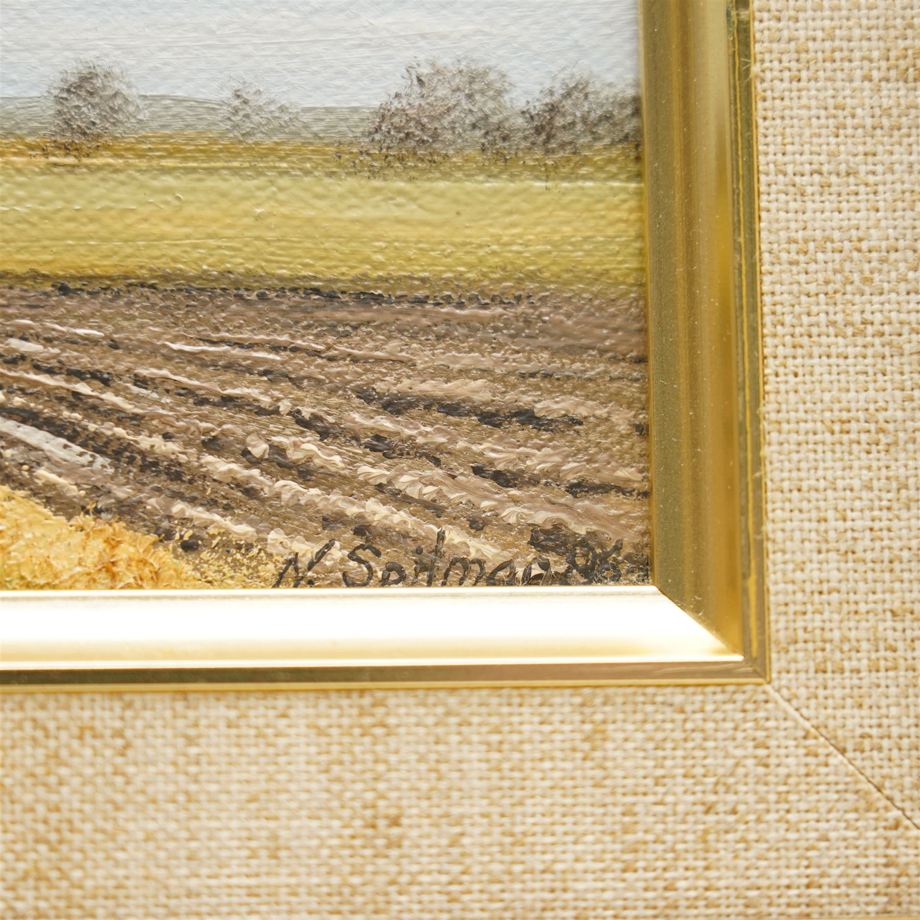 Neil Spilman (British 1951-): Autumn Woodland Path and Ploughed Fields, pair oils signed and dated '86, 14cm x 19cm (2)