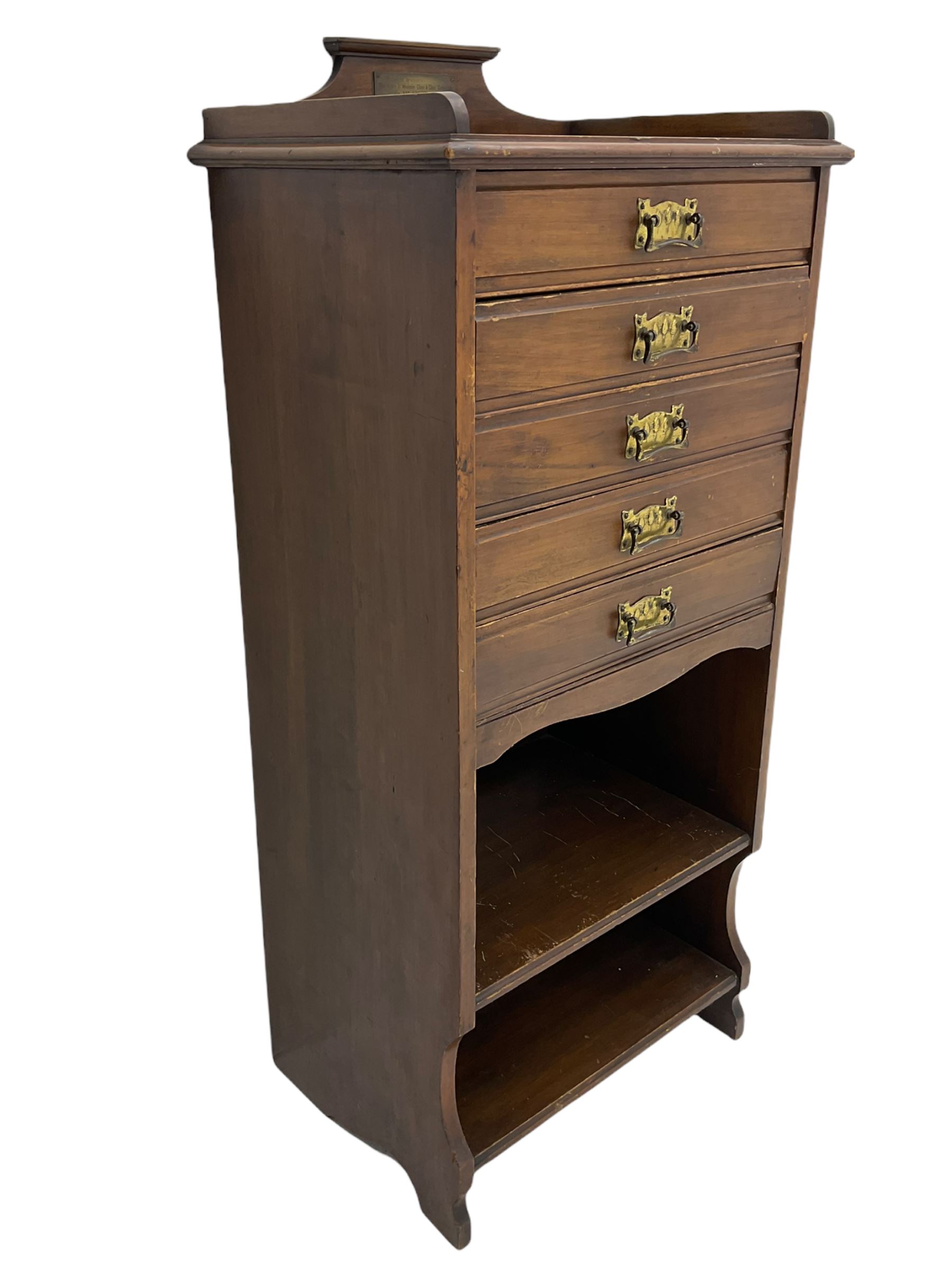 Edwardian walnut sheet music cabinet, raised back with plaque inscribed 