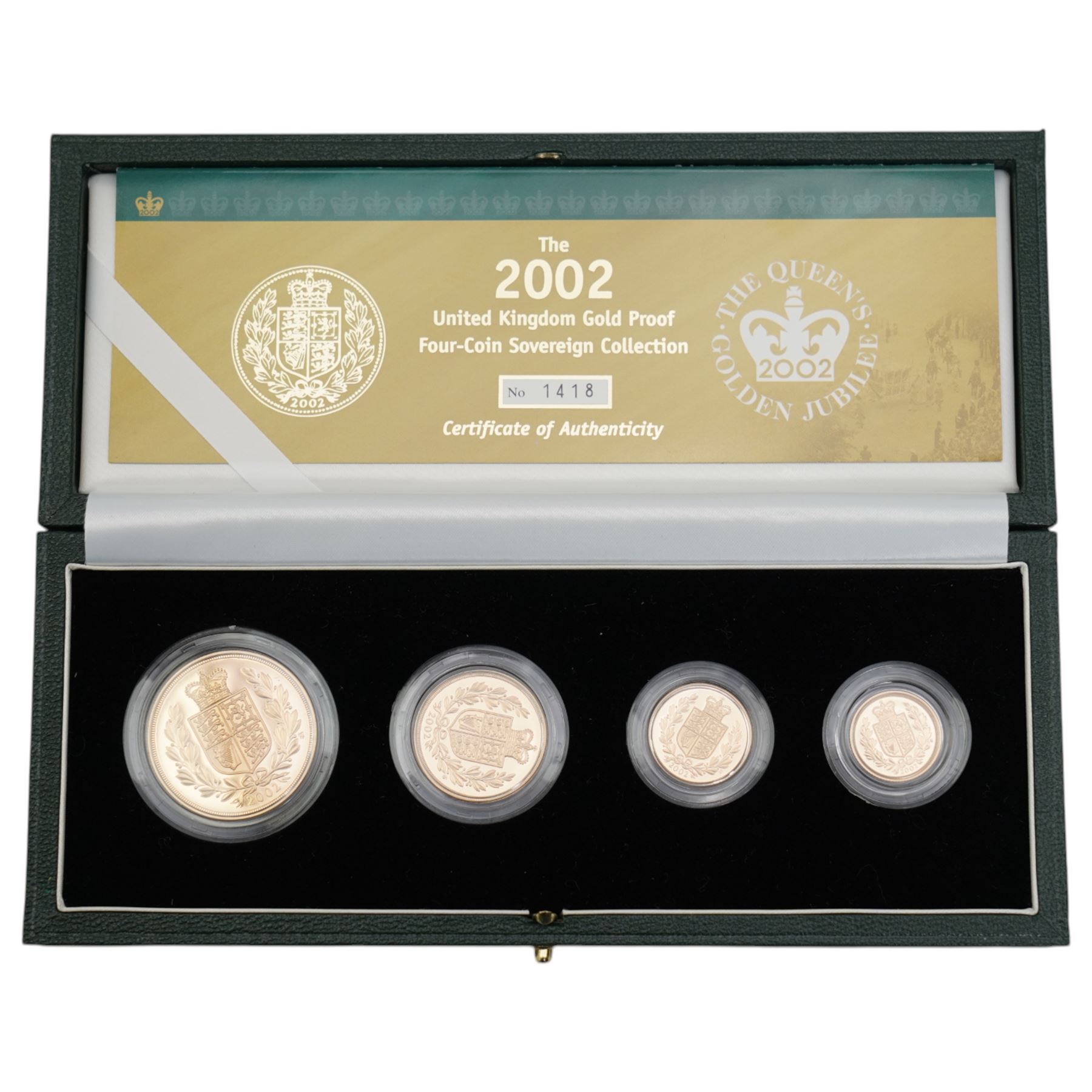 The Royal Mint United Kingdom 2002 Gold Proof Sovereign Four Coin Collection, comprising five pound, double sovereign, full sovereign and half sovereign, in case with certificae