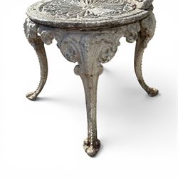 Pair of white painted cast metal garden chairs, ornate reclined backs, circular pierced seats on cabriole legs