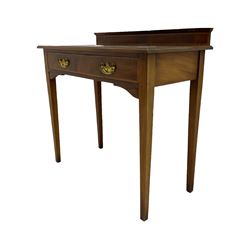 Edwardian inlaid writing table, raided back with single drawer