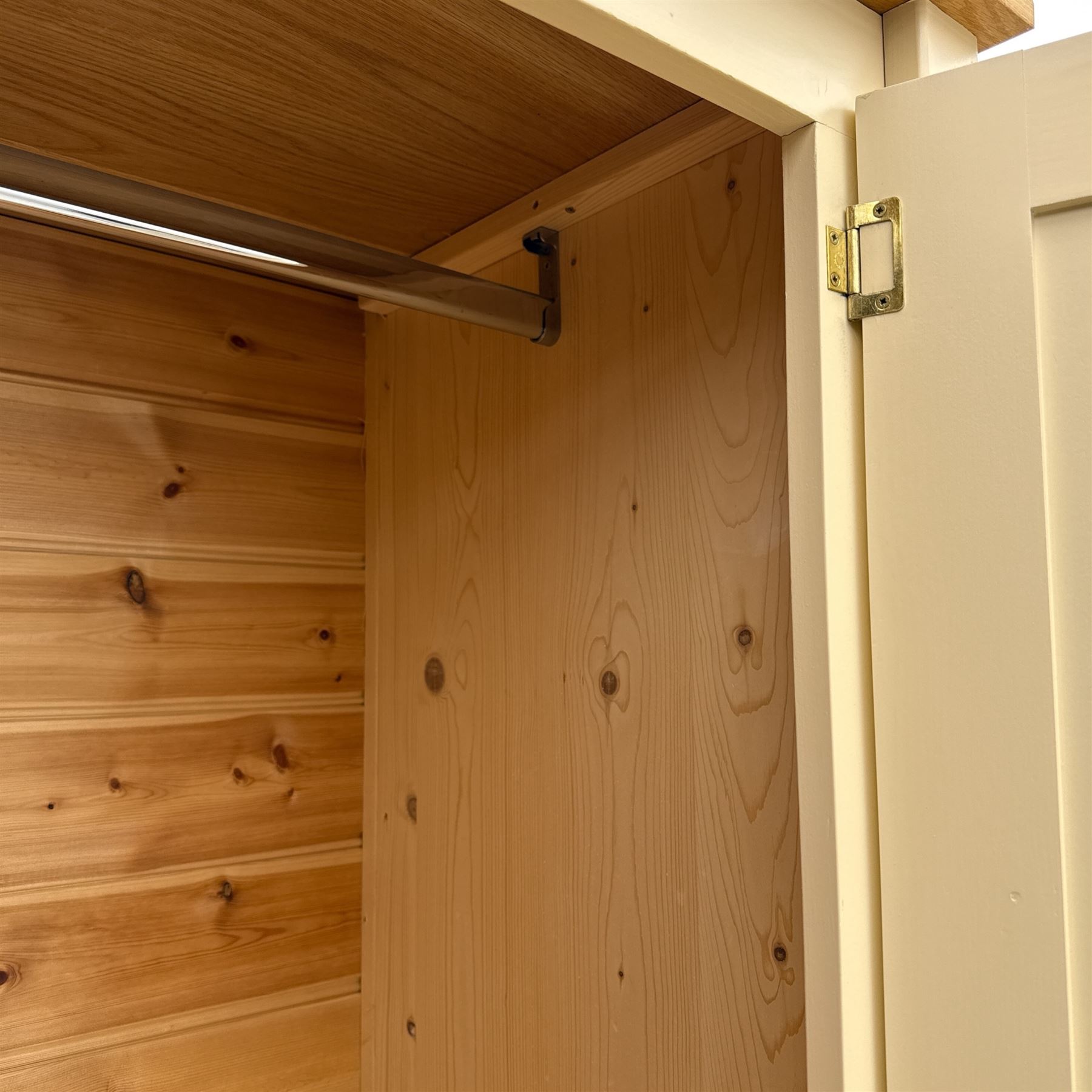 Contemporary painted pine single wardrobe, rectangular oak top over a single panelled door with round metal knob handle, enclosing part boarded interior with hanging rail and two fixed shelves