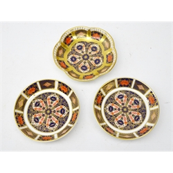  Pair Royal Crown Derby Old Imari circular pin dishes and another flower form dish   