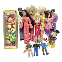 Pelham Puppet - Tyrolean Girl in yellow box; three 'A' Team action figures; clockwork plastic Mickey Mouse figure; and seven various fashion dolls (12)