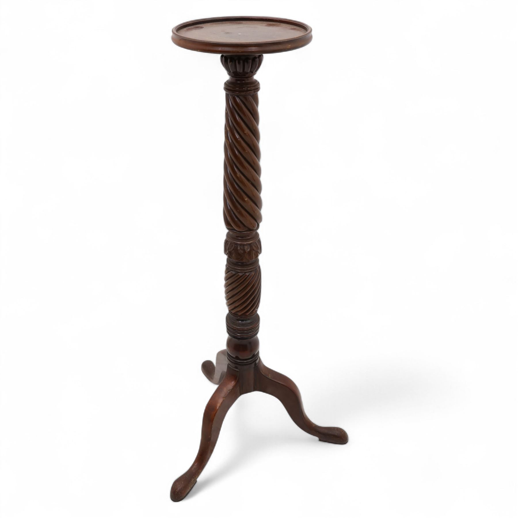 Mahogany torchiere H103cm, pine hat makers' stand H102cm, H91cm brass-bound planter on stand, brass standard lamp stand H127cm (4)