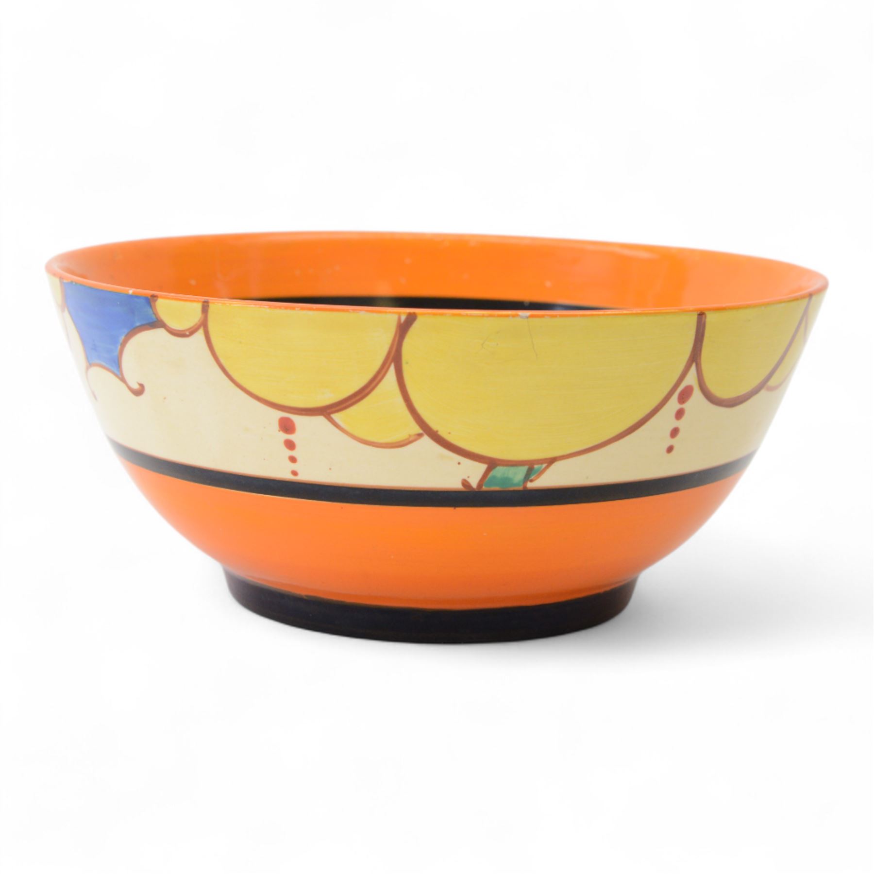 Clarice Cliff Fantasque Bizarre for Newport Pottery bowl, decorated in the Summerhouse pattern c.1931-1933, the exterior painted with stylised trees with yellow foliage and clouds bordered by black and orange bands, with black printed marks and impressed 1 1/2 beneath, D18.5cm
