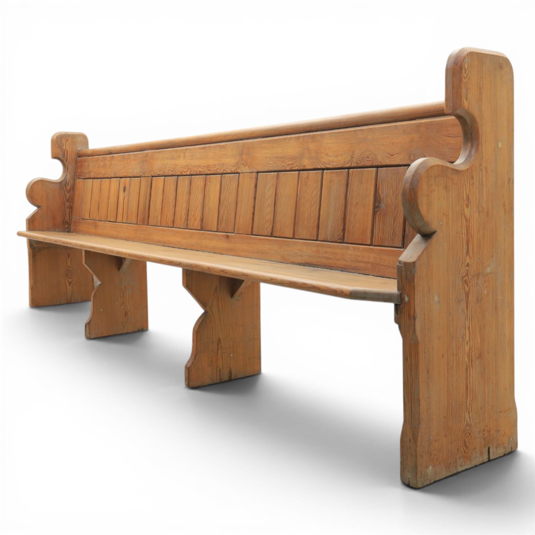 Victorian pitch pine church pew, tongue and groove back with rear shelf, shaped sides and supports 
