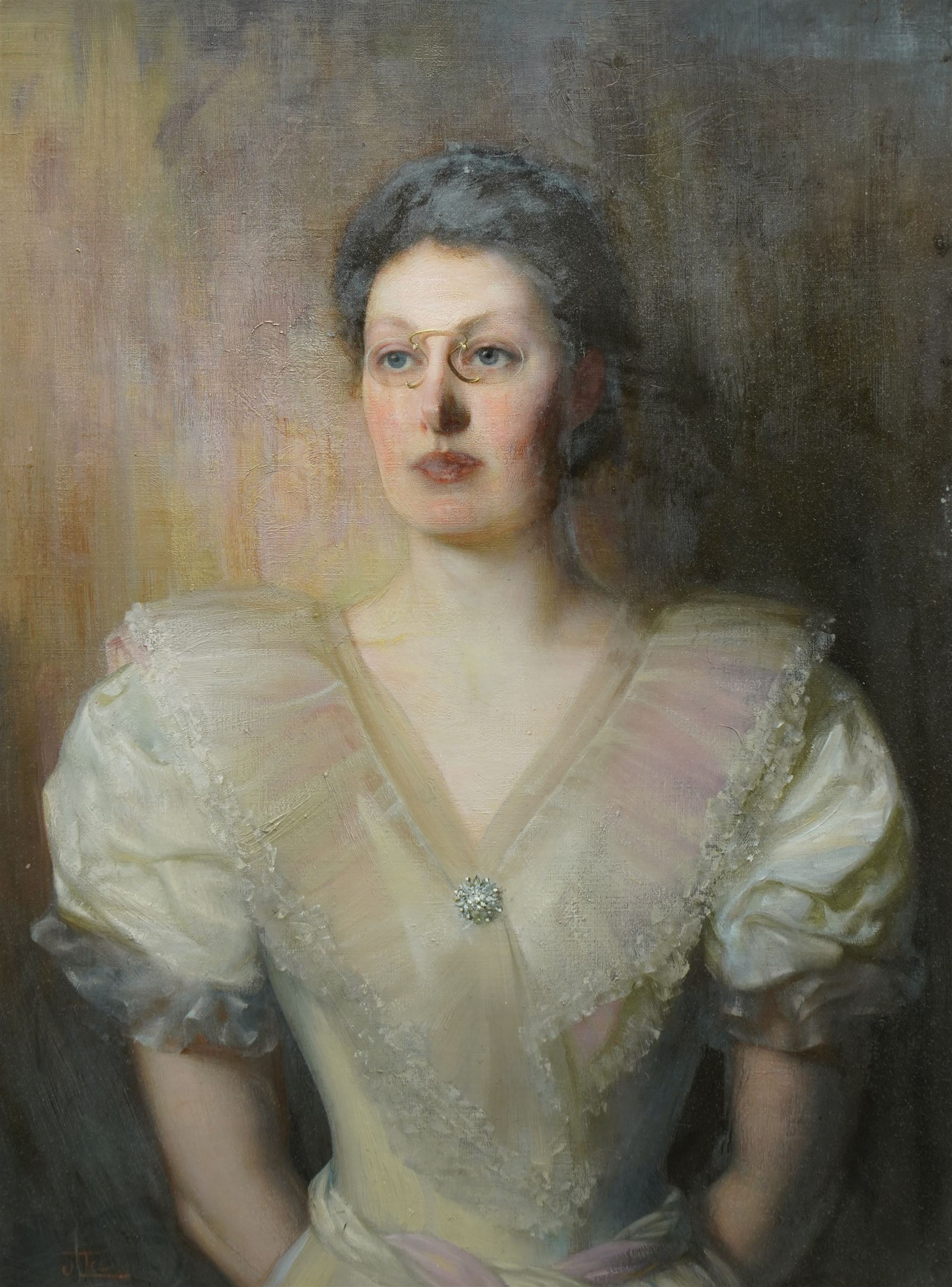 J Jee (British Late 19th century): Half-Length Portrait of a Victorian Woman Wearing Pince-nez in a Lace Gown, oil on canvas signed 75cm x 56cm