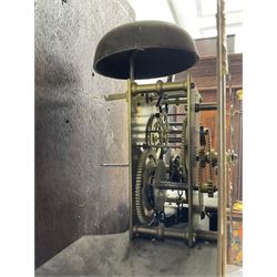 Victorian Jacobean revival oak cased 30 hour longcase clock - with a carved pediment and break arch door beneath, door with attached pilasters and gesso capitals, break arch trunk door with a carved grotesque, conforming carved plinth raised on ball feet, brass dial with spandrels, matted centre and chapter ring, dial pinned to a chain driven countwheel movement, striking the hours on a bell.
With weight and pendulum.