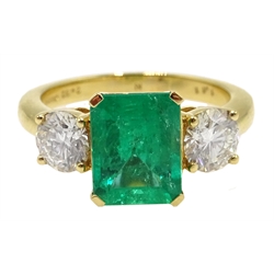  18ct gold emerald and brilliant cut diamond three stone ring, hallmarked, emerald 2.32 carat, total diamond weight 1.11 carat  