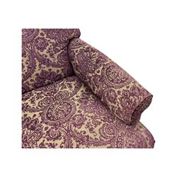 Multi-York - contemporary two-seat sofa, upholstered in damask fabric in shades of burgundy and beige, raised on turned and fluted supports; complete with matching footstool