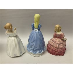 Five Royal Doulton figures, including Shore Leave HN2254, The Old Balloon Seller HN1315, Rose HN1348 etc, together with Royal Worcester Coquette
