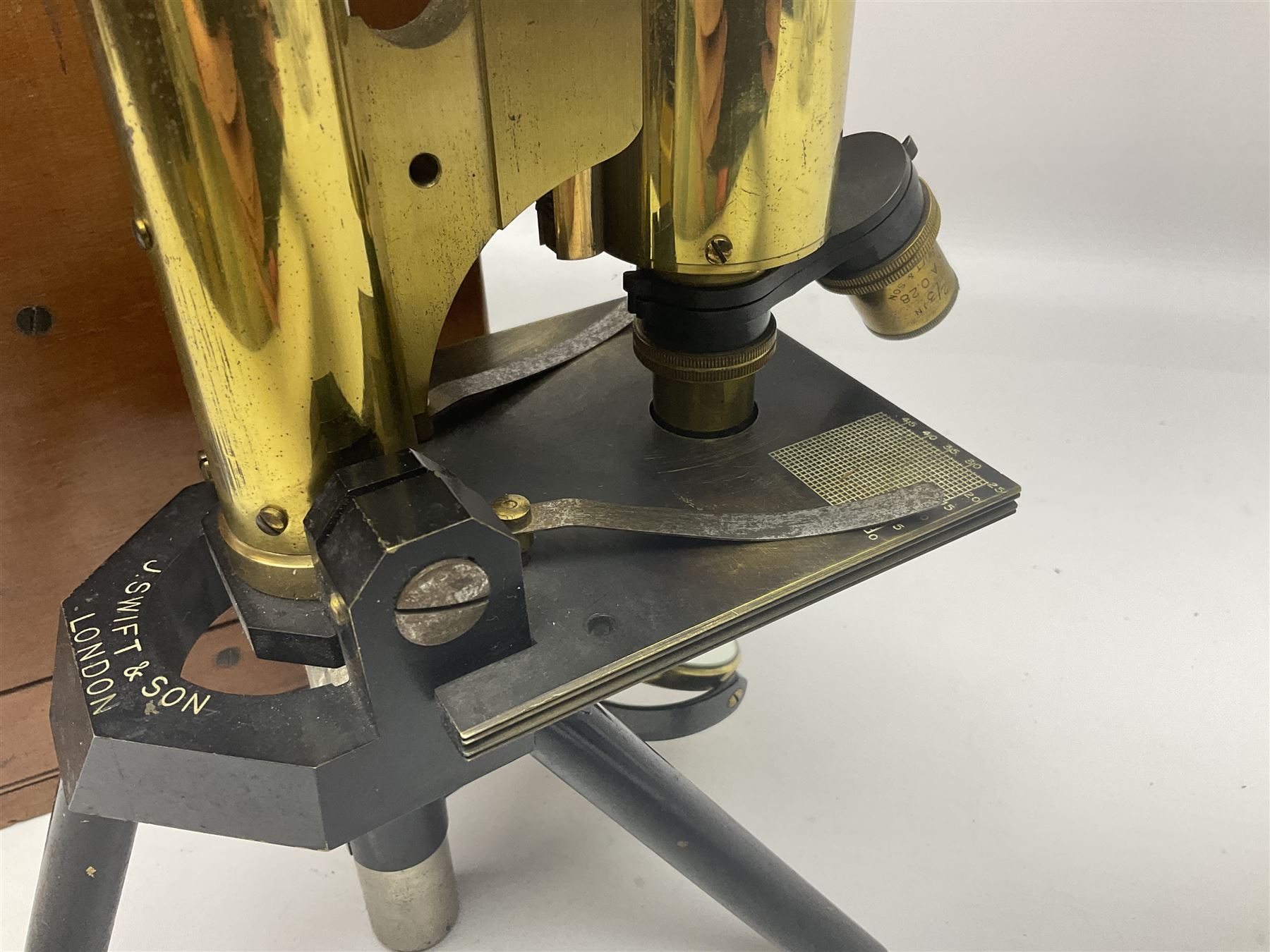 Brass lacquered microscope, by J. Swift & Son, London, in wooden carry cas no 13749, 