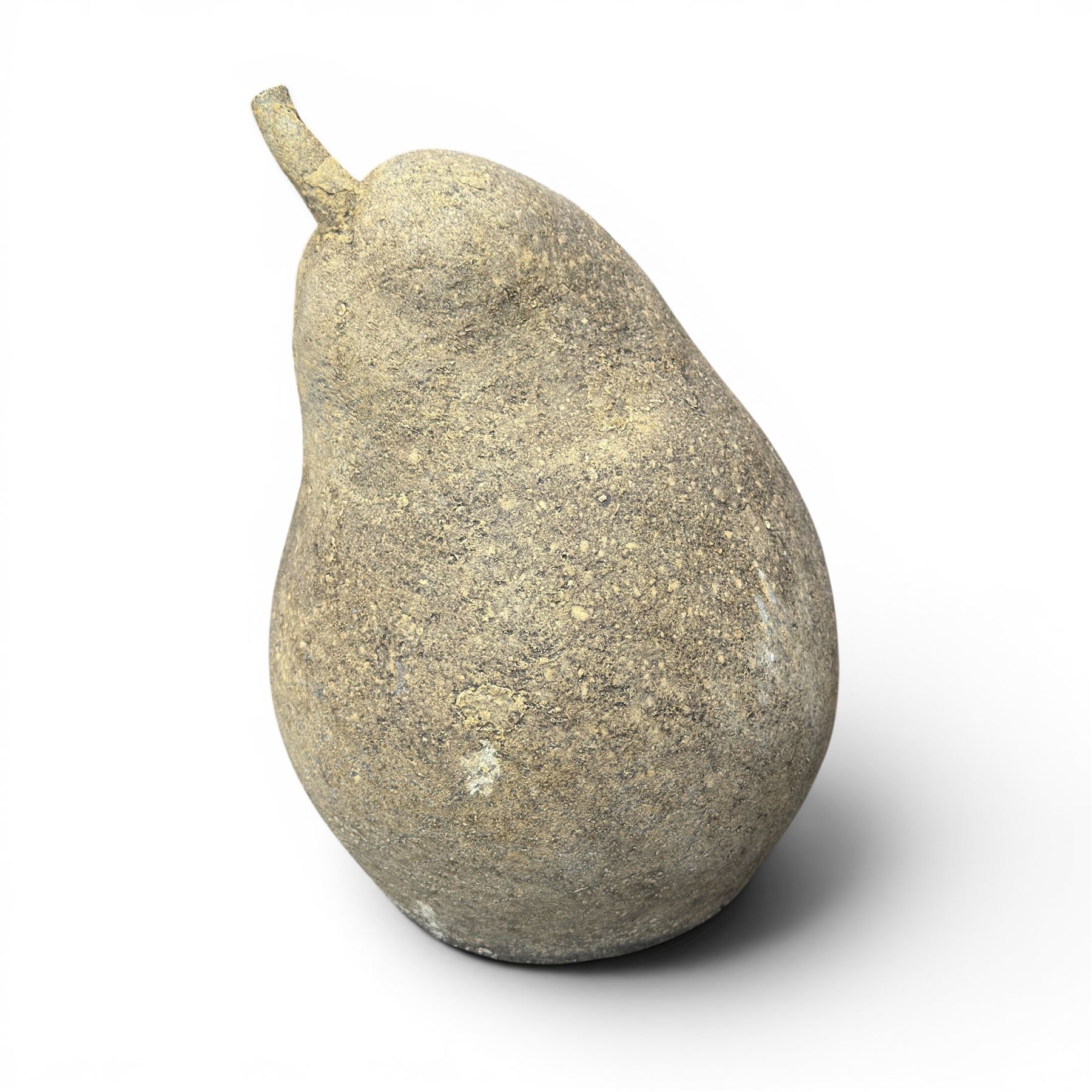 Pair of weathered cast stone garden models of fruit, in the form of an apple and pear