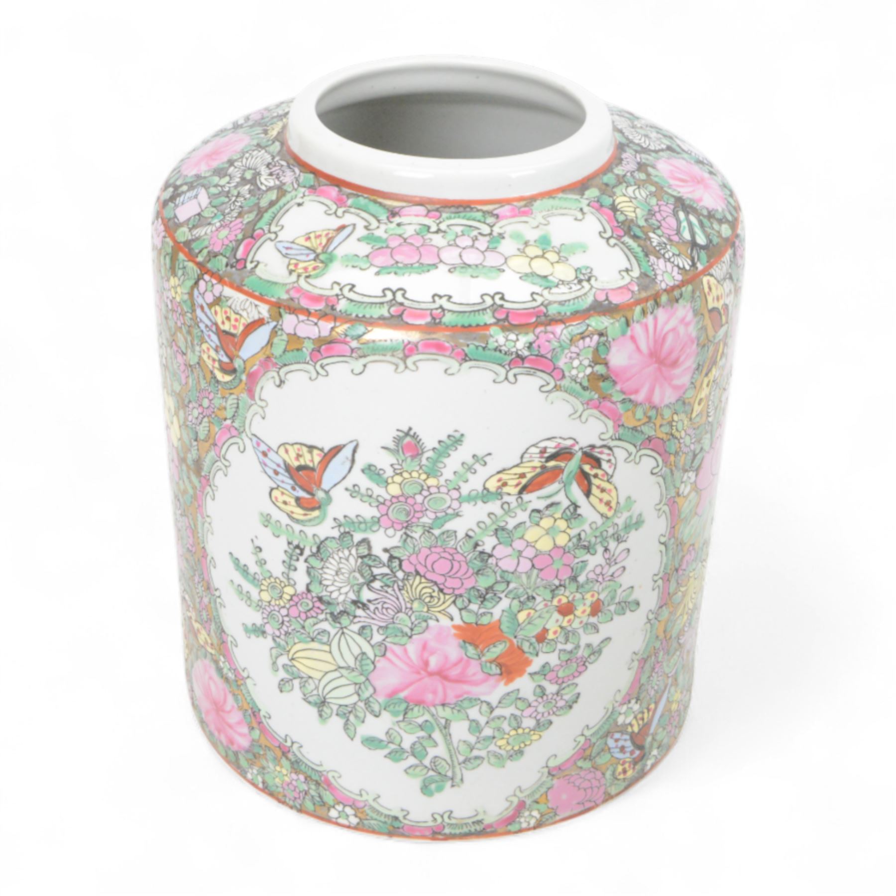 Two Canton famille rose ginger jars and covers, one decorated with birds in blossoming branches, the other with figures in a temple, together with one other jar, H30cm