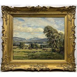 Herbert F Royle (British 1870-1958): Pastoral River Valley with Sheep and Horses Grazing, oil on canvas signed 50cm x 60cm