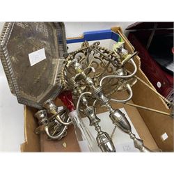 Pair of metal chargers, together with hanging candle holder, pair of candelabras, prolectrix music centre etc