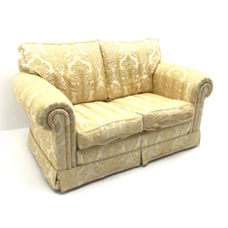  Duresta small two seat traditional sofa, upholstered in a gold floral patterned fabric, requires recovering, W164cm  