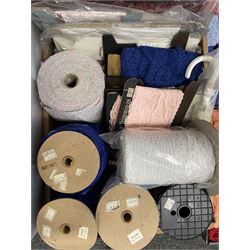 Haberdashery Shop Stock: Rolls of wide coloured lace, reels of Nylon lace and trim, tassle fringe trim, quantity of Mouline Sticktwist embroidery floss, mostly in original packaging etc in four boxes