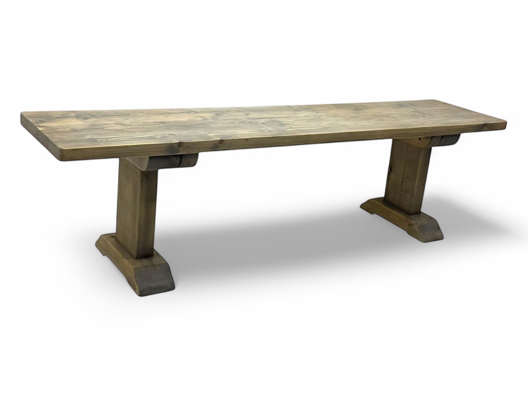 Barker & Stonehouse - contemporary 'Newsham' reclaimed oak dining bench, rectangular plank seat over twin pedestal supports with shaped bases, finished in weathered grey wax