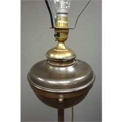  Late 19th century bronzed converted standard lamp with oil reservoir, twist column on circular platform base with three scrolled feet, W40cm, H167cm  