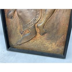 Copper panel embossed with a design of an African warrior in a wooden frame, H84.5cm, W50cm