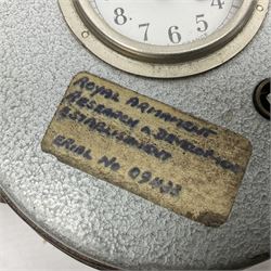 Metal cased drum shaped travelling clock with grey hammered finish, French clockwork movement and stitched leather outer case with shoulder strap; bears manuscript label 'Royal Armament Research and Development Establishment - serial no.09433' D13cm overall