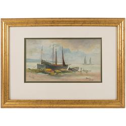 R Livingstone (English School 20th Century): Jockey on Horseback - potentially Lester Piggott, oil on wood panel signed; S Sparke (British 20th century): Roseberry Topping, pair of watercolours signed, one dated '84, and D W S (English School 20th Century): Boats Washed Up on the Beach, pair of watercolours signed with initials and dated '27, max 20cm x 45cm (5)