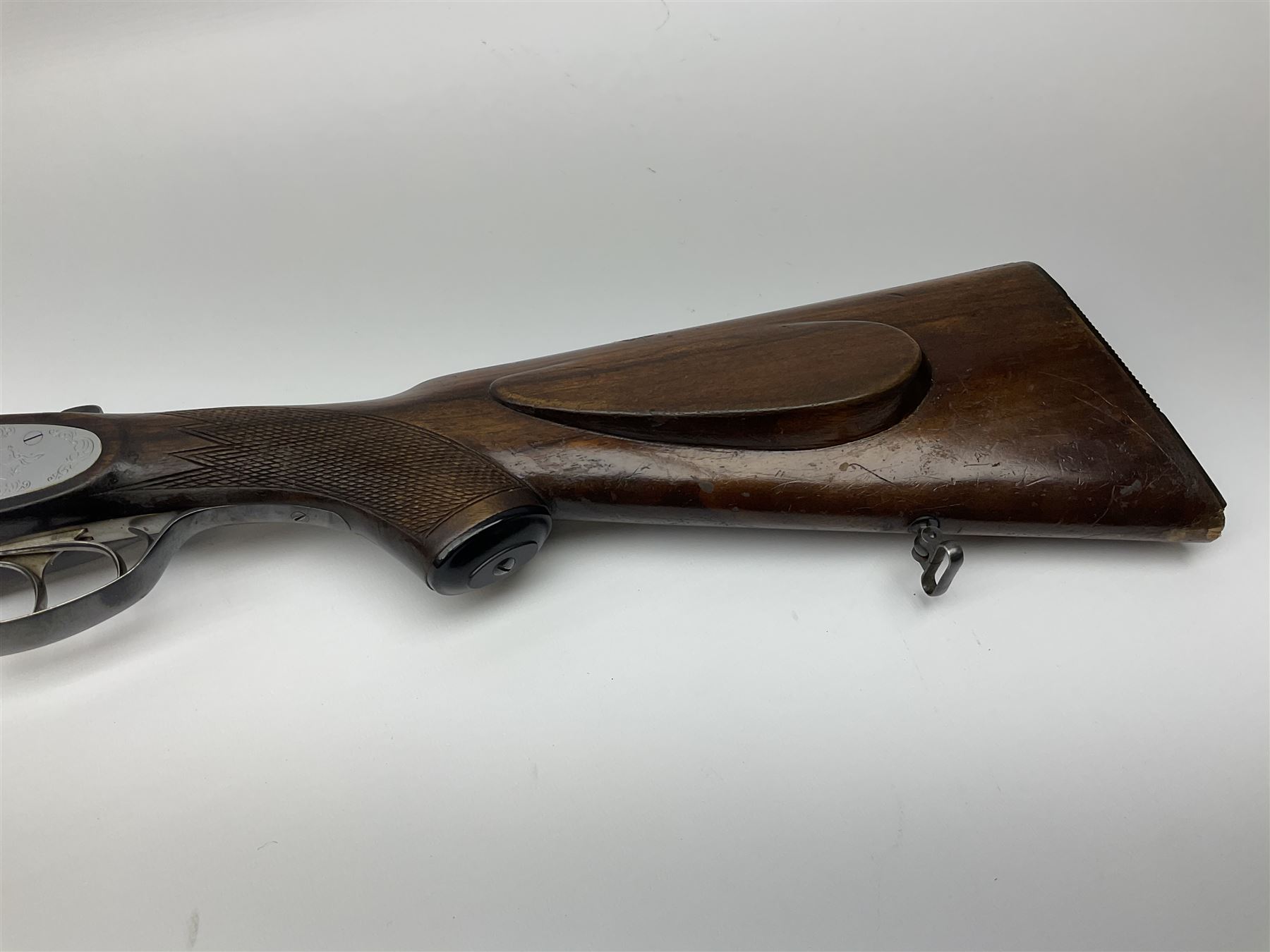 Czechoslovakian BRNO 12-bore side-by-side double barrel sidelock non-ejector sporting gun with Poldi electroplating, the action crudely inscribed '24040544 Pte. J. Ging 1st Battalion Loyal Regiment 1965-1968 Malta G.C.', walnut stock with chequered pistol grip and fore-end and thumb safety, one sling swivel, serial no.5199866, L114.5cm overall RFD ONLY AS LACKING VISIBLE PROOF MARKS