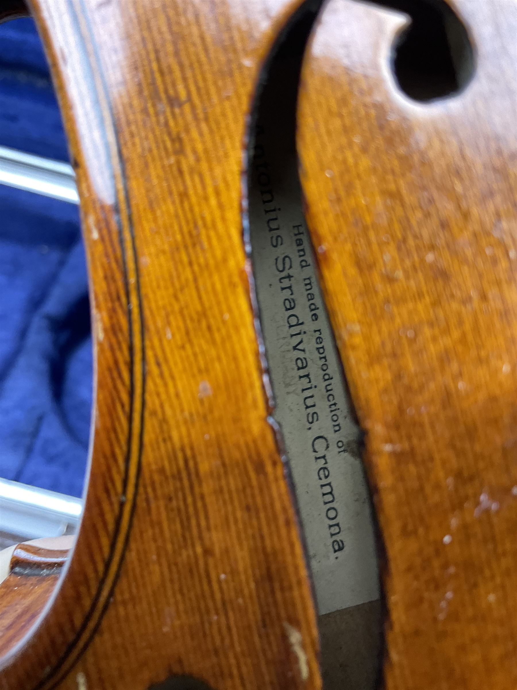 Early 20th century German Ernst Kreusler violin with 36cm two-piece maple back and ribs and spruce top, bears label 'Ernst Kreusler Dresden Anno 1925  Hand made reproduction of Antonius Stradivarius Cremona', overall L59cm; in hard carrying case