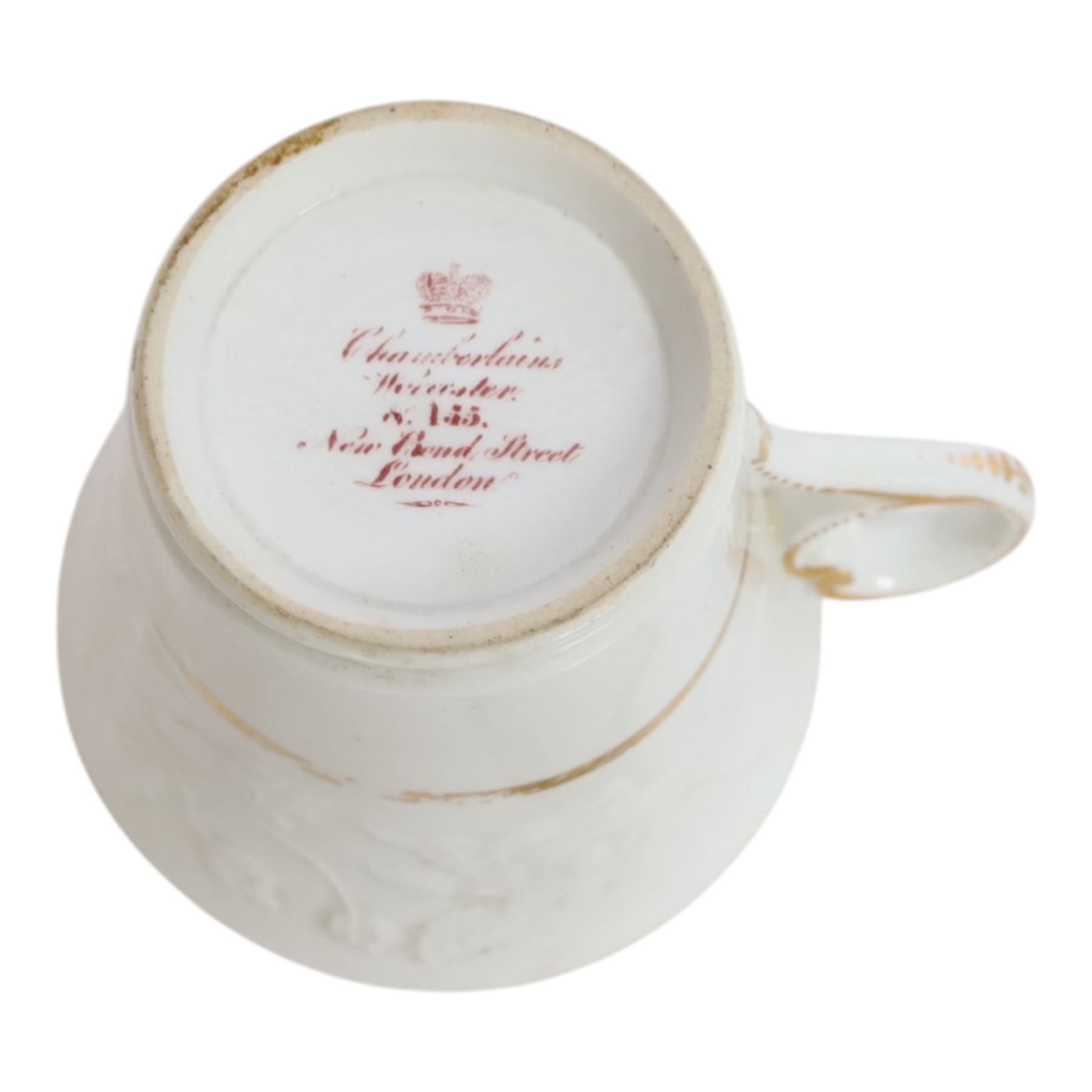 Group of 19th century tea and coffee wares, comprising two Davenport Imari 3545 pattern tea cups and saucer, one example upon three stylised bun feet, H5.5cm, a pair of Chamberlain's Worcester cabinet cups and saucers, hand painted with reserves of floral sprays and sprigs against an apple green ground, H7cm, a large size Chamberlain's Worcester cup and saucer with Imari type decoration and cobalt blue band to rim, H7.5cm, Chamberlain's Worcester cup and saucer with moulded floral band detail, and two further cups