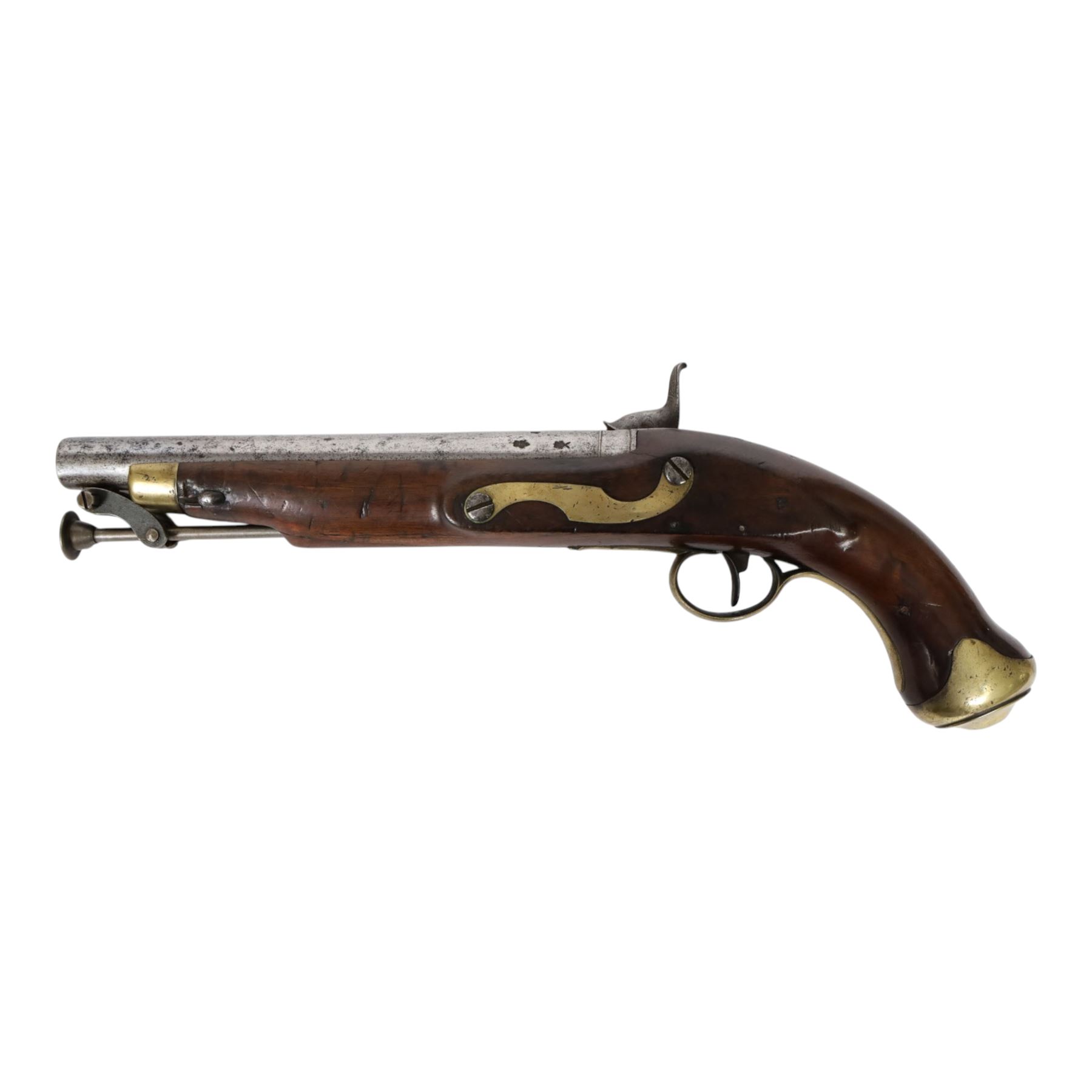 19th century Tower percussion pistol, with lock stamped 'Tower' and with crown over 'GR' cypher, with steel ram rod, walnut with brass butt plate, overall L38cm