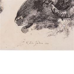 After Karel Dujardin (Dutch 1626-1678): Study of Ram's Heads, restrike etching 10cm x17cm (unframed)