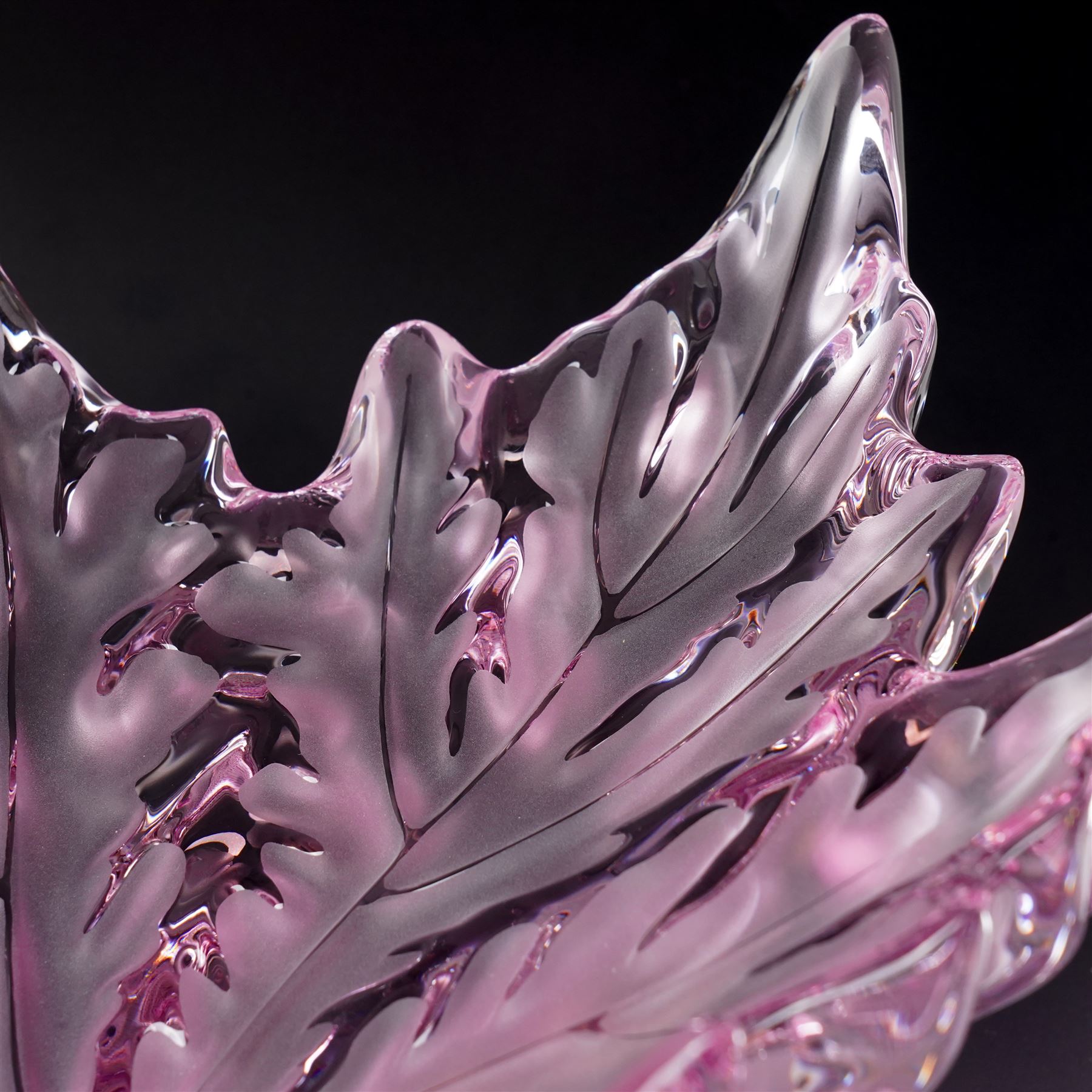 Lalique Champs-Elysees pattern clear and frosted pink glass bowl designed by Marc Lalique and modelled as leaves, signed 'Lalique France' L47cm in original Lalique pink box with guarantee etc