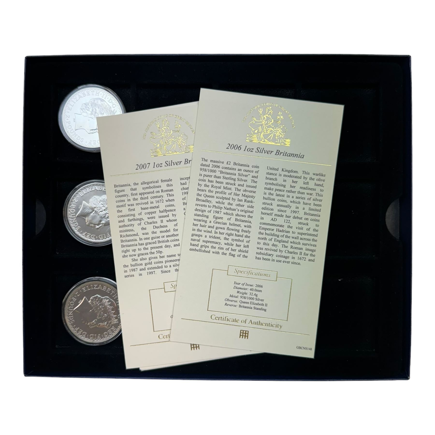 Five Queen Elizabeth II United Kingdom one ounce fine silver Britannia two pound coins, dated 2006, 2007 2008, 2009 and 2010, with Westminster certificates