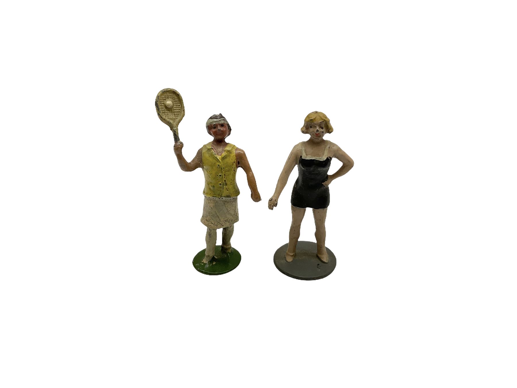 Selco Services gypsy caravan with horse, figure and steps; die-cast tandem combination; motorcycle with rider; die-cast girl-on-swing; and twelve various lead figures by Johilco etc