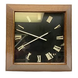Nautical electric clock, square dial with raised Roman numerals, the chopstick hands inscribed 'Phillip Priestman' from the Sabak Crew in 1934 A Pleasant and Safe Voyage, Good Luck, Long Life and Good Health with No Setbacks' in ripple mahogany cushion surround, H49cm, W49cm