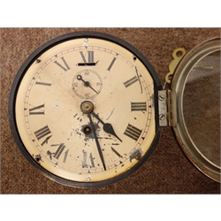  Early 20th century brass bulkhead clock, circular Roman dial with subsidiary seconds dial, single train driven movement, D19cm  