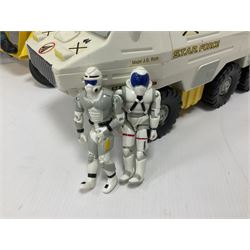 Manta Force Red Venom 1987 Bluebird Toys PLC toy plane with associated figures, with three more toy vehicles and figures comprising Lanard 1996 S.T.A.R Force Mobile Ground Support truck, Hasbro 2000 Action Man motorbike with side car, Sindy moped 