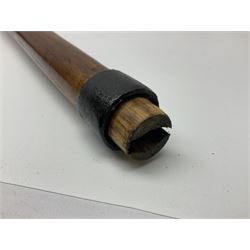 Leather covered swagger/sword stick with 40cm steel blade L62cm overall; another ash sword stick with 30cm diamond section steel blade; pair of fencing foils, the blades marked Solingen; two reproduction flintlock pistols; and 92cm inert cartridge belt (7)